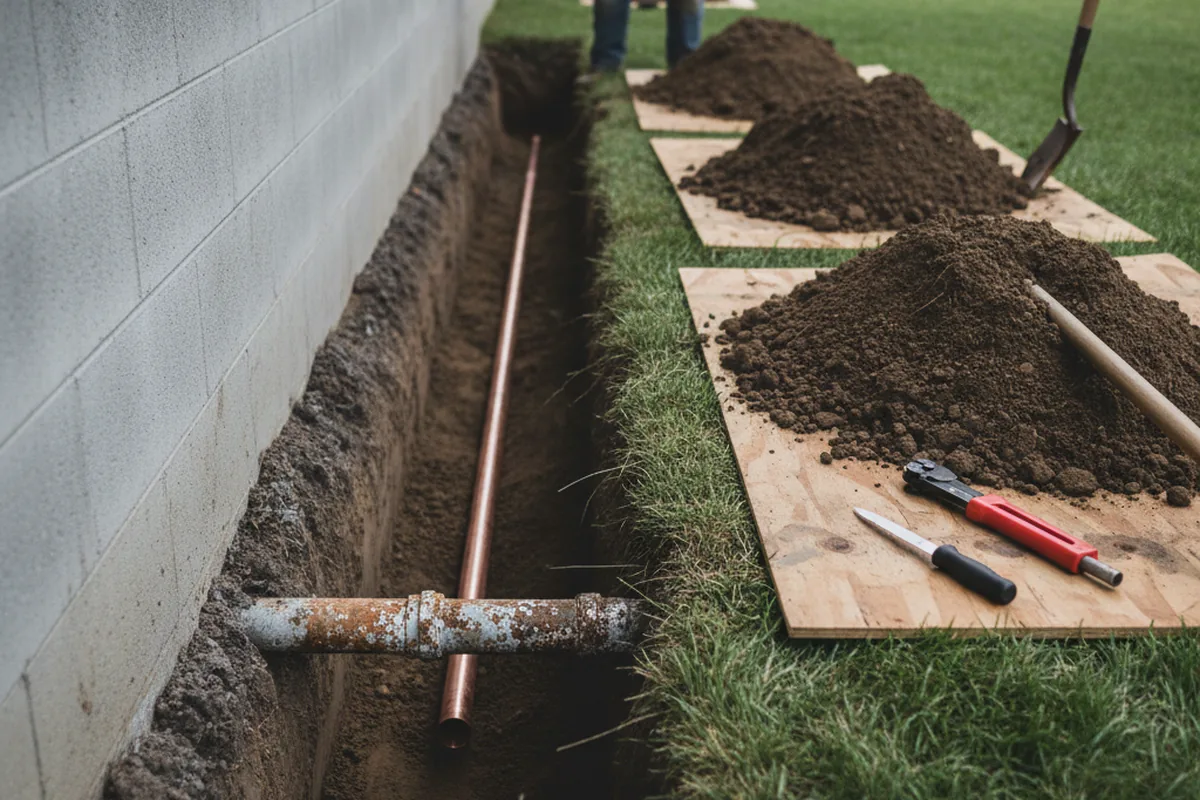 Excavated water line trench during Sewer Line Repair in Upton